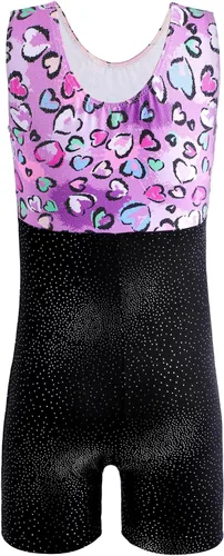 Vista 2 de Leotardo de gimnasia con shorts para niñas, sin mangas, para ciclismo, con diseño de mariposas y flores con brillo, color negro y rosado intenso