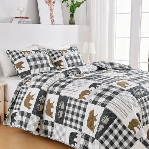 Vista 4 de Market & Place Edredón rústico tamaño individual Juego de 2 piezas de cobija estilo cabaña con funda de almohada Edredón reversible estilo casa