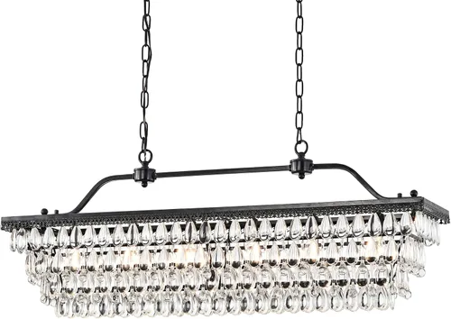 Vista 9 de Edvivi Candelabro de cristal lineal rectangular de lujo, 4 luces glamorosas con acabado de bronce antiguo, lámpara de techo ajustable, comedor, isla