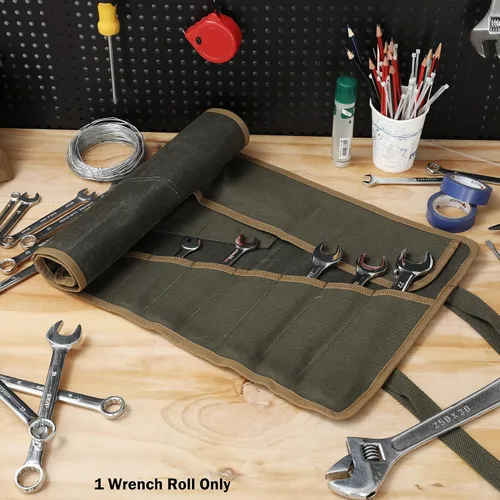 Vista 7 de Rollo de herramientas de llave, bolsa de lona encerada resistente de 16 onzas con 16 bolsillos, ojales de metal y cuerda de amarre, bolsa enrollable