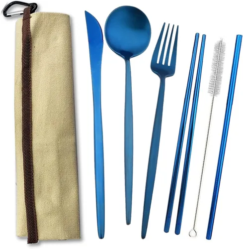 Vista 17 de JASHII Juego de cubiertos de viaje de acero inoxidable, tenedor, cuchara, cuchillo, pajilla, cubiertos reutilizables con estuche, juego de Rosa