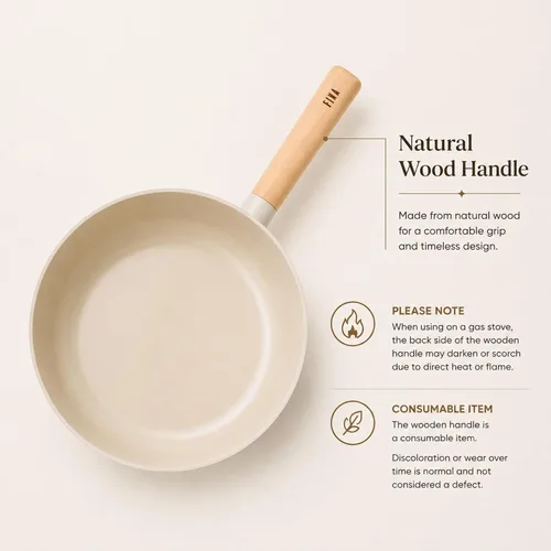 Vista 10 de FIKA - Sartén para wok con revestimiento de cerámica antiadherente de 10 pulgadas con mango de madera natural, compatible con inducción, sartén