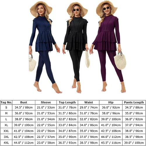 Vista 7 de Conjunto de 3 piezas de traje de baño para mujer, camiseta de manga larga, pantalones y hijab, traje de baño musulmán islámico de cuerpo completo