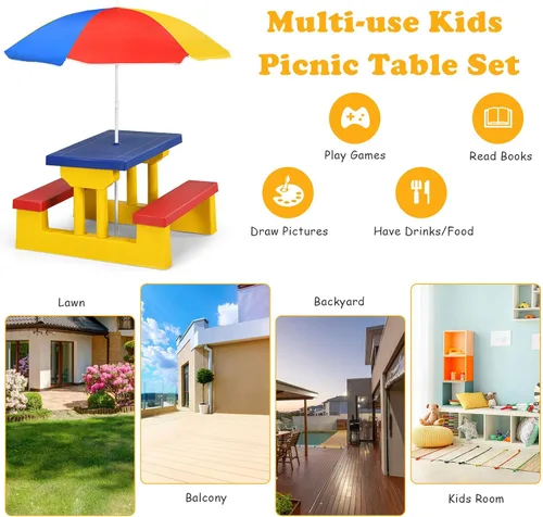 Vista 8 de Costzon Mesa de picnic para niños, mesa y banco para interiores y exteriores con paraguas extraíble, mesa de picnic portátil para niños pequeños