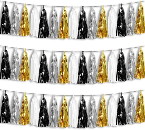 Vista 21 de Banderines de Flecos de Papel Aluminio Negro 3P con Borlas Metálicas Guirnalda de Borlas para Carrozas de Desfile, Despedida de Soltera, Boda