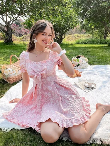 Vista 5 de Vestido hinchado rosa dulce para mujer, estampado floral, lazo frontal, vestido de hadas jacquard