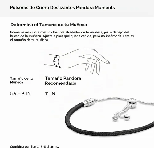 Vista 7 de PANDORA Pulsera de cuero con circonita cúbica doble en plata de ley, 11 pulgadas, sin caja, Plata Esterlina, Circonita cúbica