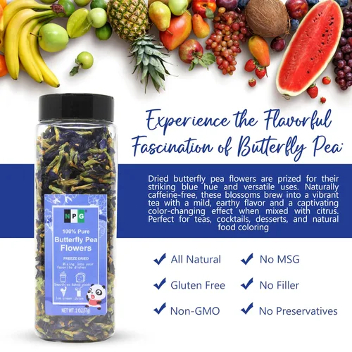 Vista 6 de NPG Té de flores de guisantes mariposa azul 2 Oz, brotes de flores enteras en hojas sueltas, colorante alimentario azul natural no-GMO para té