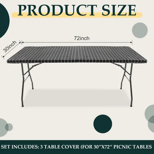 Vista 6 de Mantel rectangular de plástico para mesa de pícnic, 3 piezas, de 30 x 72 pulgadas, vinilo impermeable con parte trasera de franela con borde