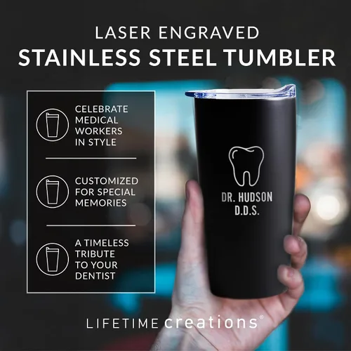 Vista 3 de Lifetime Creations Vaso de dentista personalizado grabado con tapa de 20 onzas (negro) – Regalo personalizado para dentista, taza de viaje de café