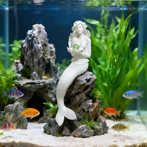 Vista 8 de Teaeeno - Decoración única para pecera, estatua de sirena para acuario Blanco