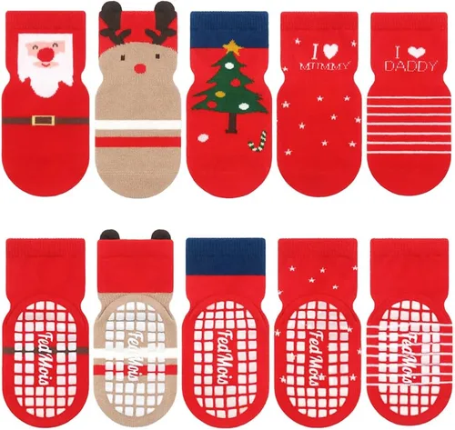 Vista 14 de 5 pares de calcetines antideslizantes de algodón para bebés y niños pequeños con diseño de animales