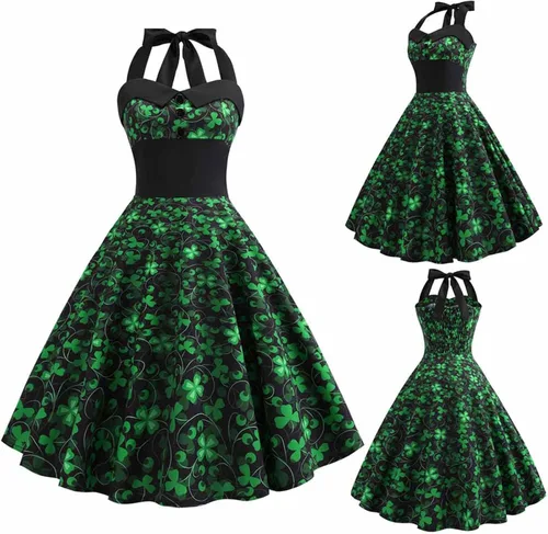 Vista 2 de Vestido vintage de los años 1950 para mujer, vestido retro de cóctel, vestido con vuelo y cintura elástica con estampado de trébol de cuatro hojas