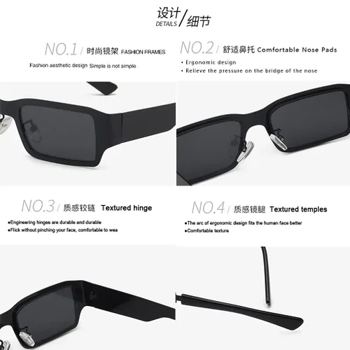 Vista 6 de Weloveushop Gafas de sol cuadradas de acero con montura pequeña, de metal, con personalidad, hip-hop, anti-UV, marco negro, copos grises