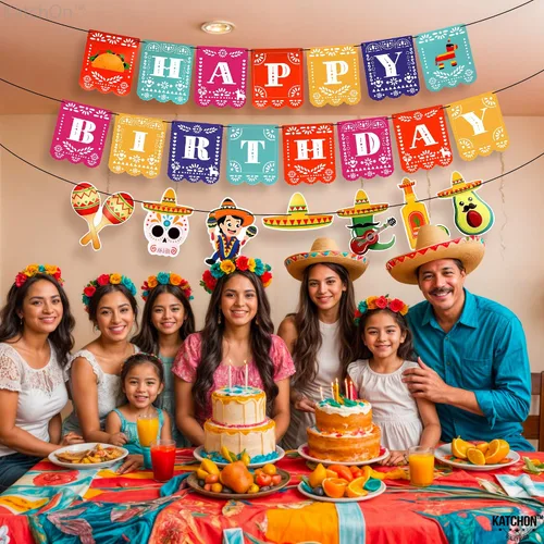 Vista 4 de KatchOn - Cartel mexicano de feliz cumpleaños, 15 pies preencordado, decoraciones de cumpleaños mexicanos, decoraciones de fiesta de fiesta