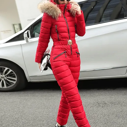 Vista 2 de JUNGE Mono de invierno para mujer, overol de esquí con capucha, para deportes al aire libre, chaquetas impermeables con bolsillo y cremallera, traje