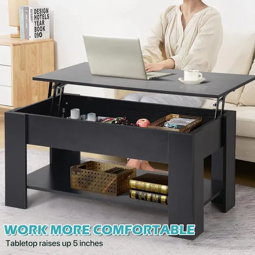 Vista 6 de Mesa auxiliar elevable, mesa de centro de madera ajustable de 39.4 pulgadas de altura con compartimento oculto y estante inferior de almacenamiento
