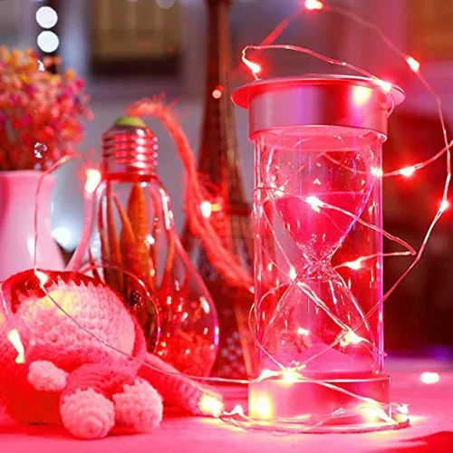 Vista 3 de VOOKRY Paquete de 8 guirnaldas de 30 luces LED que funcionan con pilas, 10 pies de cable rojo mini plateado luciérnaga luces de luna estrellada