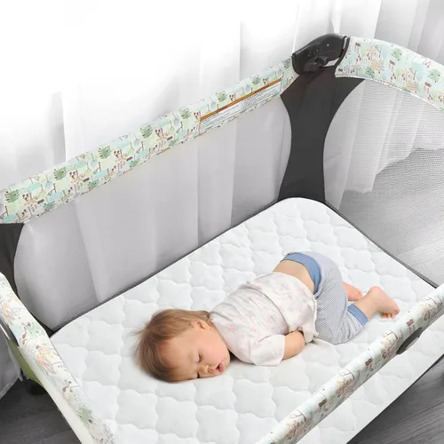 Vista 6 de Pack and Play - Juego de sábanas y protectores de colchón, paquete de 4, color gris 4-Piece Set: 2 Waterproof Quilted Covers + 2 Soft Sheets, Fits