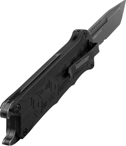 Vista 6 de Cuchillo de bolsillo Kershaw Interstellar, hoja Tanto OTF manual negra con serraduras, acabado Blackwash con mango GFN, abrebotellas y clip