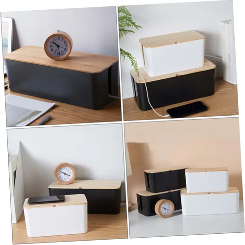 Vista 3 de Toyvian Cable Storage Box with Natural Wood Lid, Medium round Holed Wire Organizer Case for Power Strip and Charger, Anti-electric Socket Cable