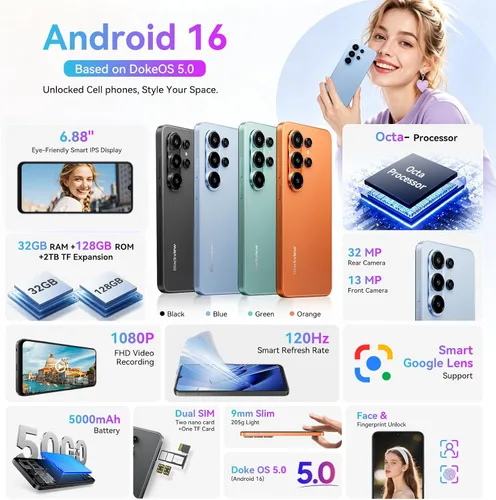 Vista 2 de Blackview Wave 10 Teléfono celular desbloqueado, Smartphones para T-Mobile Android 16, 6.88 pulgadas, 120 Hz, 32 GB + 128 GB, 1 TB expandible, 32