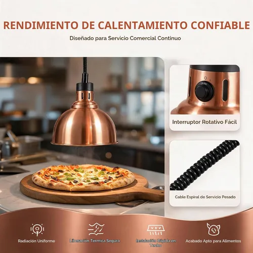 Vista 6 de Lámpara de calor comercial para alimentos y papas fritas para colgar servicio de alimentos (diámetro de 9.8 in (cobre))