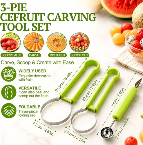 Vista 8 de Juego de palas de melón Suuker, 4 en 1 cortadores de frutas con formas, cuchara de sandía, cuchara de frutas y pelador de bolas, herramientas
