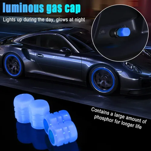 Vista 3 de Tapones de vástago de válvula de neumático para automóvil, 4 piezas de tapas de aire para neumáticos noctilúcuas, tapón de vástago de válvula