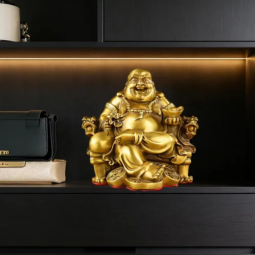 Vista 5 de Brass Statu BRABUD Feng Shui - Estatua de Buda sonriente hecha a mano sentado en la silla del emperador, escultura para el hogar