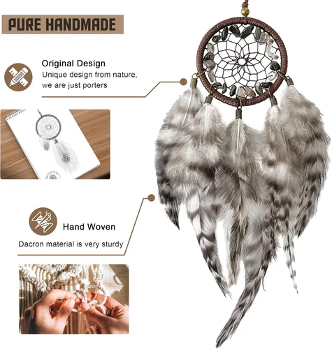 Vista 4 de Mini atrapasueños – Pluma de pollo con ágata gris, pequeño atrapasueños hecho a mano para dormitorio, un atrapasueños para niñas y niños, decoración