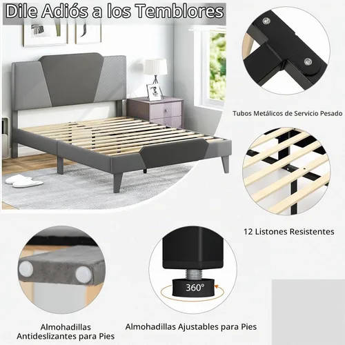 Vista 8 de GIANTEX Marco de cama tapizado de terciopelo completo con cabecero, cama de plataforma moderna con listones de madera fuertes y estribo de 2