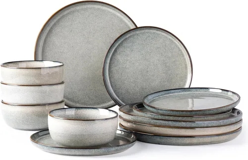 Vista 17 de GBHOME Juego de vajilla de cerámica para 4, 12 piezas, platos y cuencos de cerámica, platos resistentes a los arañazos, aptos para lavavajillas