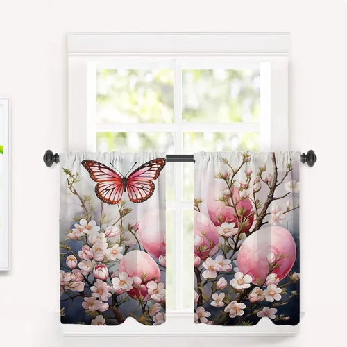 Vista 38 de Cortinas opacas de cocina con pintura al óleo de Europa rosa y negra para ventanas, cenefas opacas modernas de torre Eiffel de poliéster multicapa