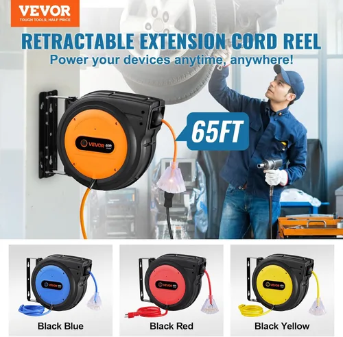 Vista 64 de VEVOR Carrete de cable de extensión retráctil de 25 pies resistente 14AWG Rojo