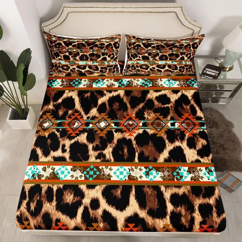 Vista 11 de Juego de ropa de cama de estilo bohemio occidental, tamaño individual, diseño de vaca atrapasueños, sábana bajera ajustable del suroeste, tribu