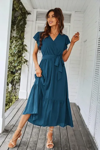 Vista 7 de PRETTYGARDEN - Vestido floral para mujer estilo bohemio, cruzado, con cuello en V, manga corta, con cinturón, dobladillo con volantes, acampanado