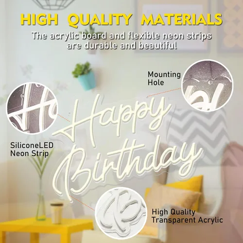Vista 7 de Happy Birthday Neon Sign Reusable Warm White LED Neon Night Light Birthday Party Decorations USB Operated Decorative for Backdrop Party Bedroom Wall