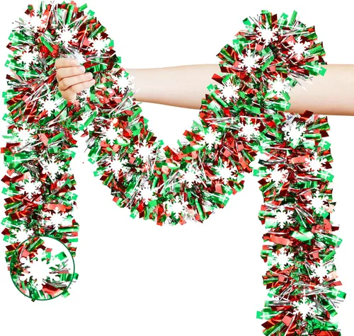 Vista 8 de 50 pies de decoraciones de Navidad con guirnalda de oropel con copo de nieve, árbol de Navidad rojo verde plateado brillante metálico girado
