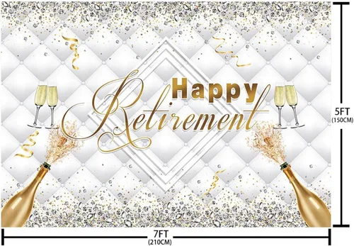 Vista 6 de SENDY Telón de fondo de feliz jubilación de 7 x 5 pies con purpurina de diamante dorado plateado para decoración de fiesta, felicitaciones