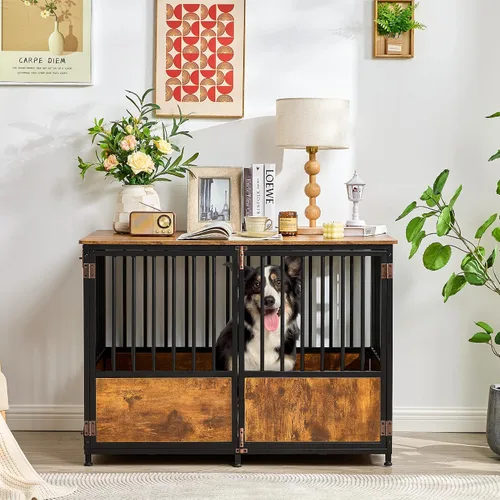 Vista 9 de KOOPRO Mueble de jaula para perros de 32 pulgadas con cojín, resistente para perros medianos Wooden Dog Kennel with Double Doors, Decorative Pet