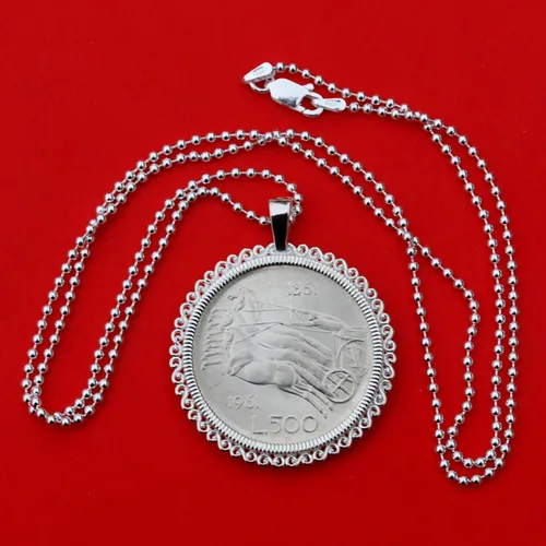 Vista 5 de 1961 Italy Unification Centennial 500 Lire BU Unc 83.5% Silver Coin 925 Sterling Silver Necklace NEW - Showing Reverse Quadriga