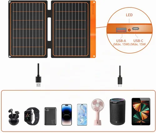 Vista 3 de Cargador de panel solar pequeño de 20 W, 5 V, USB-A, USB-C, plegable, portátil, ligero, ETFE, panel de energía de emergencia, IP67, impermeable