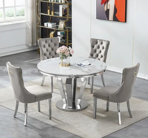 Vista 48 de Juego de mesa de comedor de mármol sintético de oro blanco de 47 pulgadas para 2, juego de mesa de comedor de cocina de 3 piezas, juego de mesa