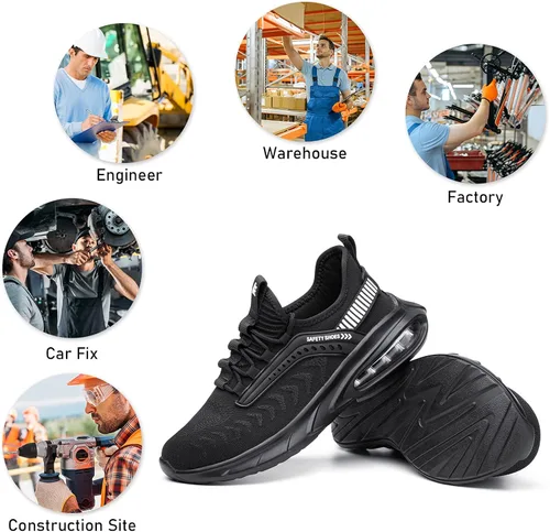 Vista 7 de Zapatos de punta de acero para hombres y mujeres, ligeras, con amortiguación de aire, antideslizantes, botas de trabajo de seguridad, zapatos