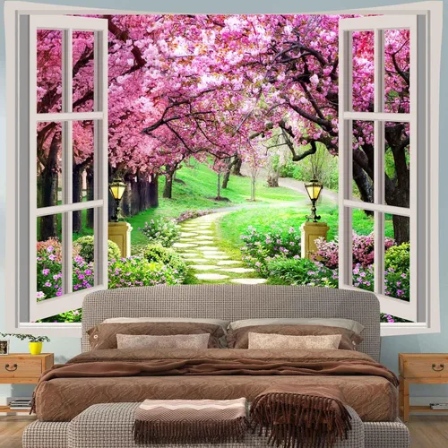 Vista 5 de Tapiz japonés de flores de cerezo para ventana, camino de bosque de árboles, flores rosas, botánico, floral, paisaje natural, estético para sala
