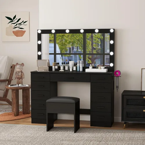 Vista 3 de Escritorio de tocador con espejo grande y luces, 11 cajones, mesa de maquillaje con taburete, 3 modos de iluminación, brillo ajustable, tocador