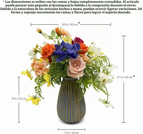 Vista 3 de Flores artificiales artificiales en jarrón, arreglo floral de seda, centro de mesa artificial para comedor, decoración del hogar, regalo del día
