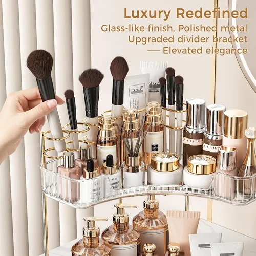 Vista 4 de BEFSOP Organizador de esquina para mostrador de baño, organizador de maquillaje mejorado de 2 niveles con soporte para brochas de maquillaje