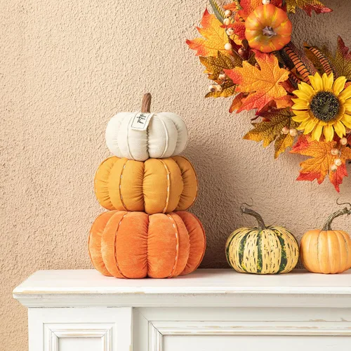 Vista 6 de Glitzhome Decoración de calabazas artificiales de otoño, calabazas de tela apilada, decoración del hogar, decoración de bandeja interior de otoño